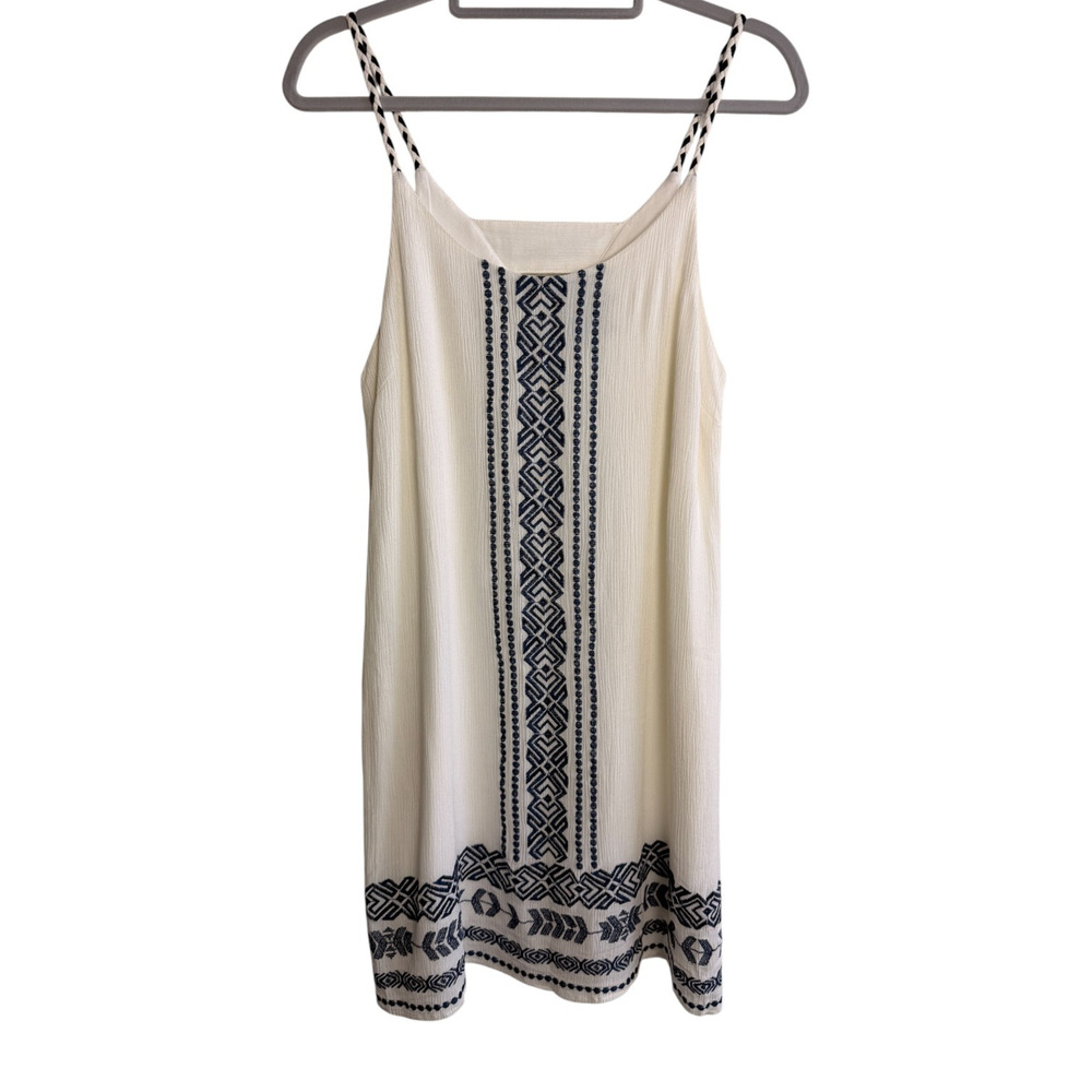 Anthropologie Skies Are Blue Ivory Navy Embroidered Mini Dress L Braided Straps